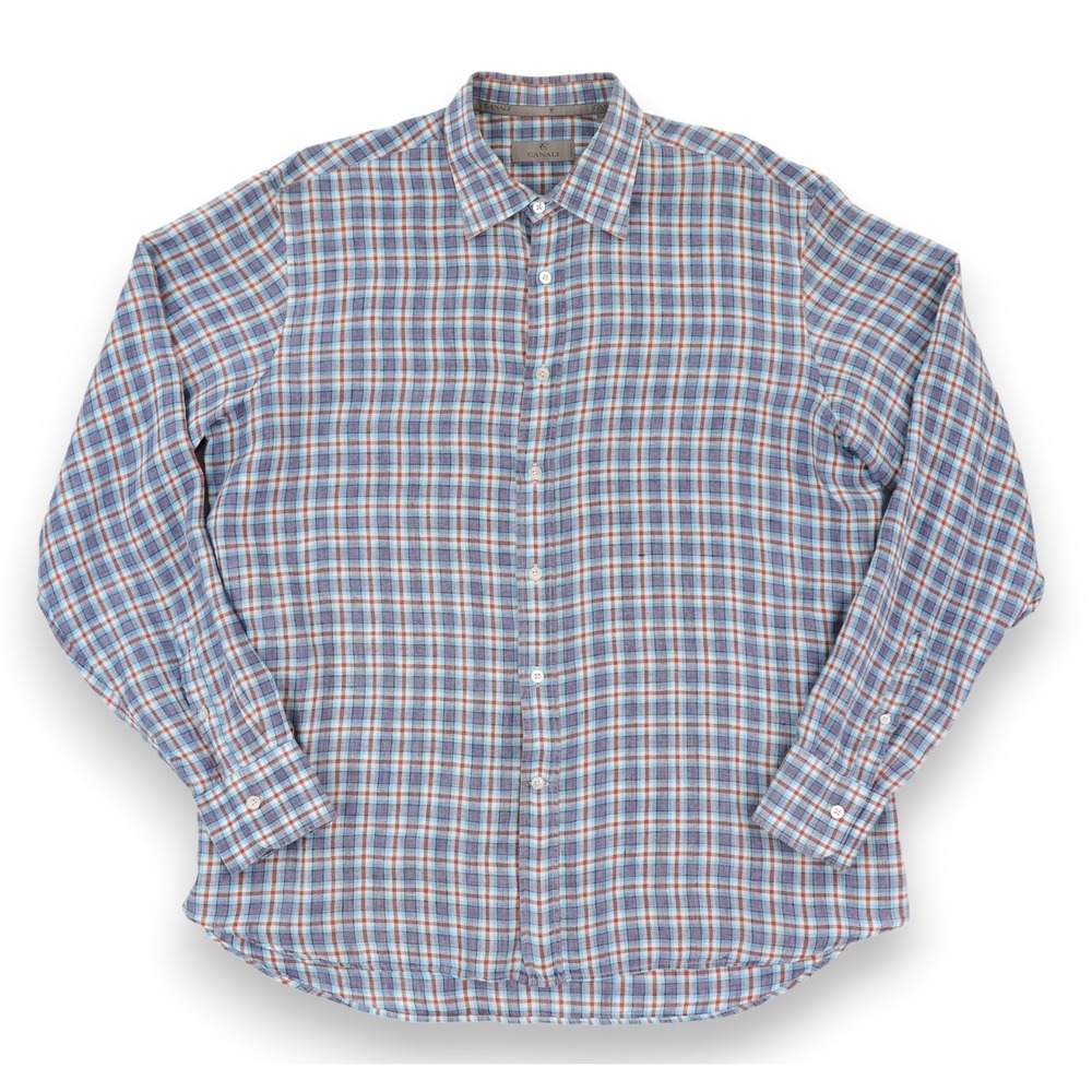 Canali 1934 Linen Button Front Shirt Men's XL Blue Red White Plaid Made in Italy